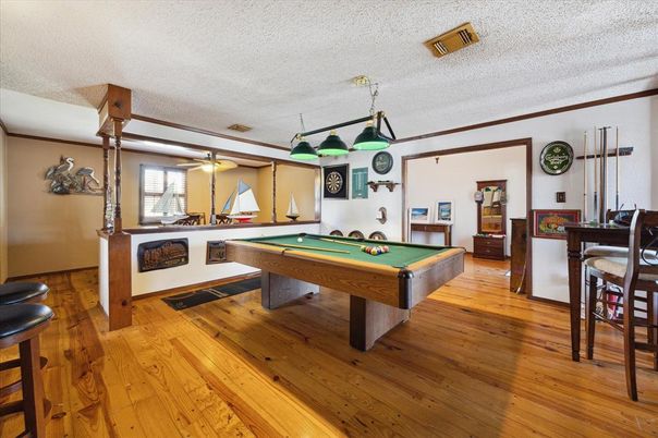Billiard Table, Game Room, Interior, Pendant Lights, Wood Texture Flooring