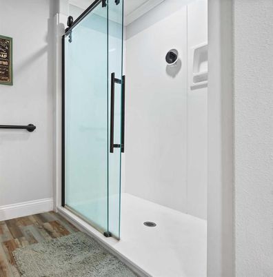 Bathroom, Glass Shower, Interior, Wood Texture Flooring