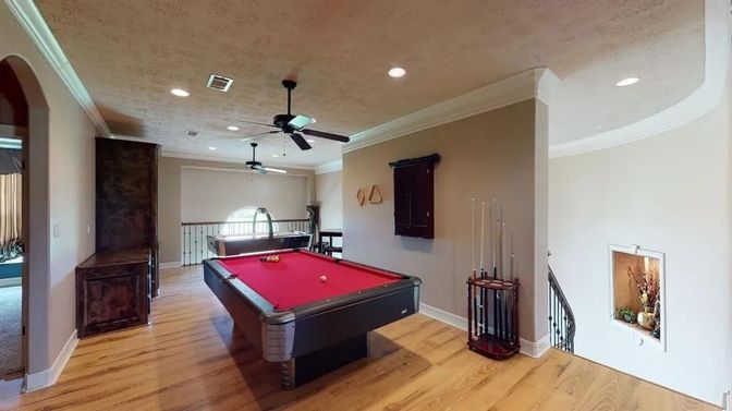 Billiard Table, Game Room, Interior, Recessed Lighting, Wood Texture Flooring