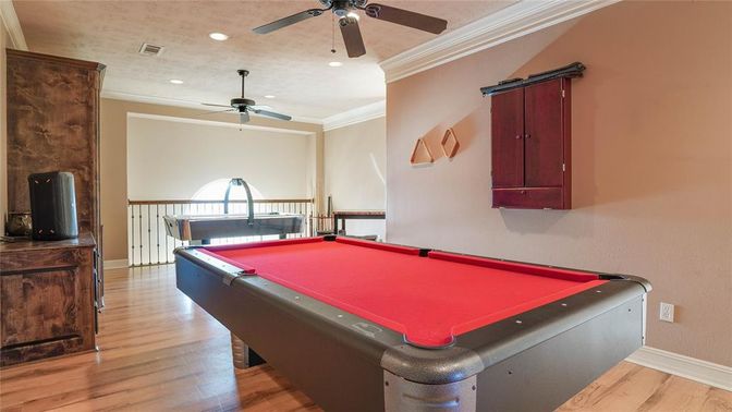 Billiard Table, Game Room, Interior, Recessed Lighting, Wood Texture Flooring