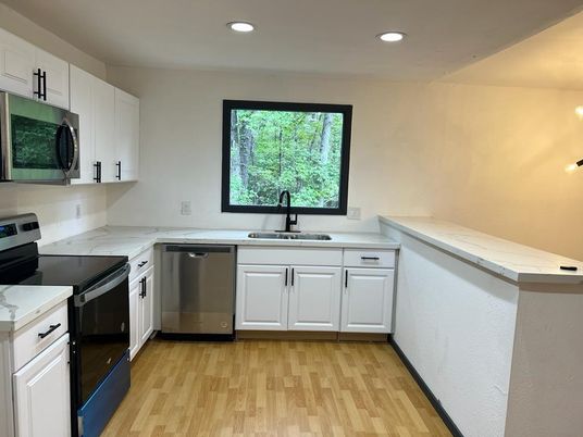 Interior, Kitchen, Recessed Lighting, Stainless Steel Appliances, Wood Texture Flooring