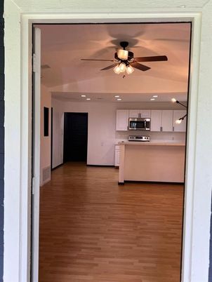 Interior, Kitchen, Recessed Lighting, Stainless Steel Appliances, Wood Texture Flooring