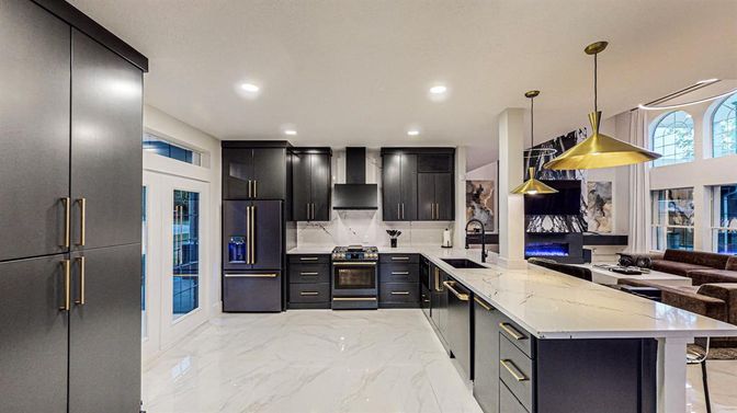 Interior, Kitchen, Marble, Pendant Lights, Recessed Lighting, Stainless Steel Appliances
