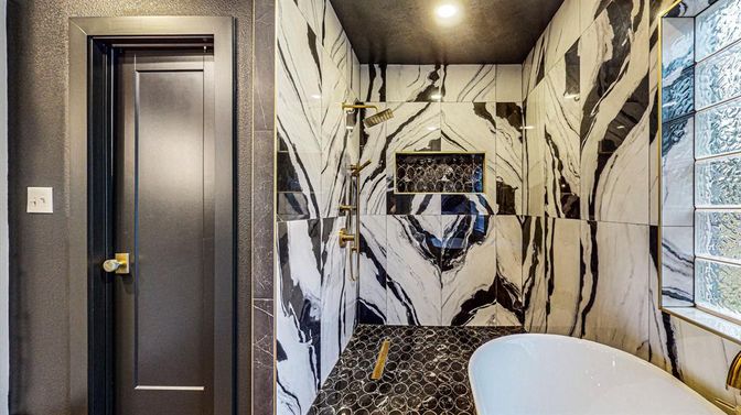 Bathroom, Free Standing Baths, Interior, Marble Walls, Recessed Lighting