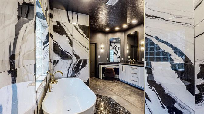 Bathroom, Dual Sink Vanities, Free Standing Baths, Interior, Marble Walls, Recessed Lighting