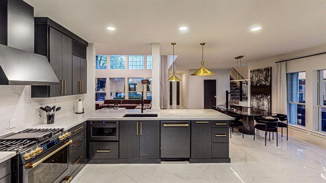 Interior, Kitchen, Marble, Pendant Lights, Recessed Lighting, Stainless Steel Appliances