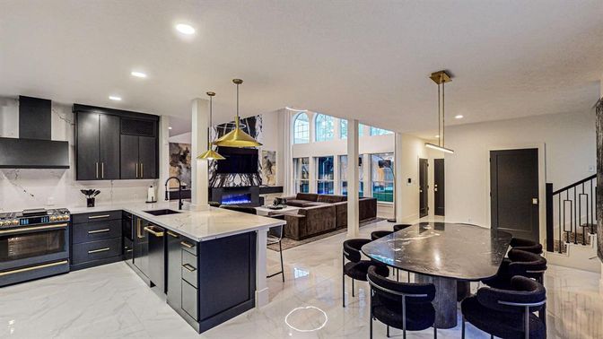 Interior, Kitchen, Living room, Marble, Pendant Lights, Recessed Lighting, Stainless Steel Appliances