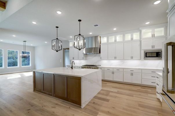 Interior, Kitchen, Pendant Lights, Recessed Lighting, Stainless Steel Appliances, Wood Texture Flooring