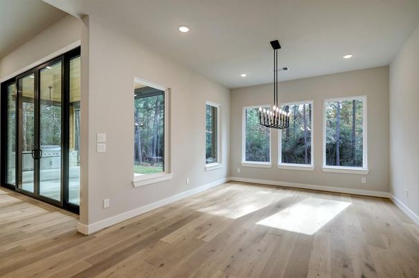 Chandelier, Empty room, Interior, Recessed Lighting, Wood Texture Flooring