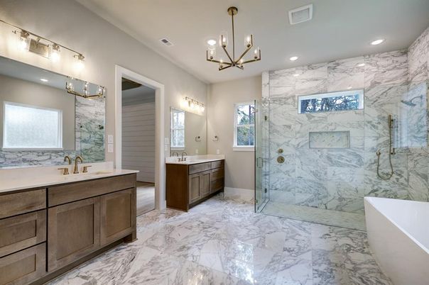 Bathroom, Dual Sink Vanities, Free Standing Baths, Glass Shower, Interior, Marble, Marble Walls, Recessed Lighting