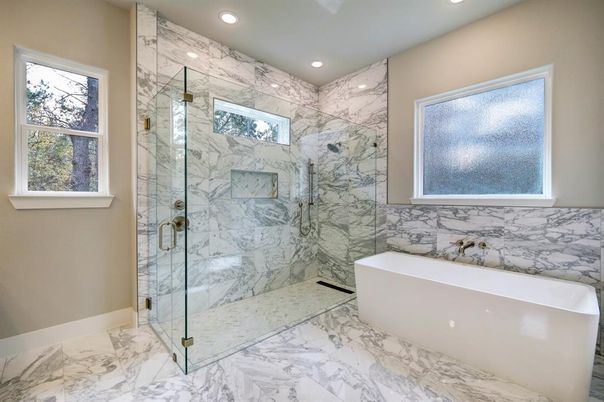 Bathroom, Free Standing Baths, Glass Shower, Interior, Marble, Marble Walls, Recessed Lighting