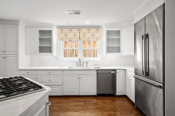 Interior, Kitchen, Recessed Lighting, Stainless Steel Appliances, Wood Texture Flooring