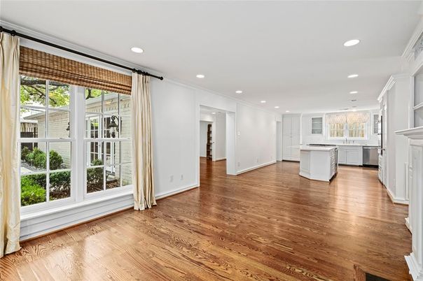 Empty room, Interior, Kitchen, Recessed Lighting, Wood Texture Flooring