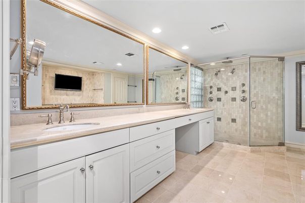 Bathroom, Dual Sink Vanities, Glass Shower, Interior, Recessed Lighting