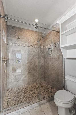 Bathroom, Glass Shower, Interior, Marble Walls, Recessed Lighting