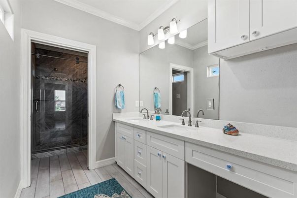 Bathroom, Dual Sink Vanities, Glass Shower, Interior, Wood Texture Flooring