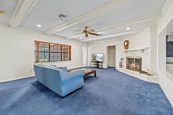Fireplace, Interior, Living room, Recessed Lighting, Stone Walls