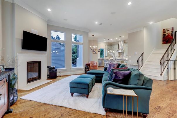 Dining room, Fireplace, Interior, Kitchen, Living room, Pendant Lights, Recessed Lighting, Wood Texture Flooring