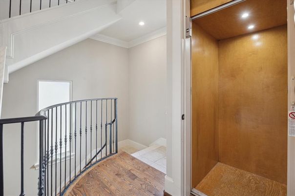 Elevator, Interior, Recessed Lighting, Wood Texture Flooring, Wooden Walls