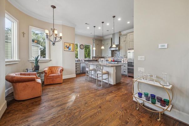 Chandelier, Interior, Kitchen, Pendant Lights, Recessed Lighting, Wood Texture Flooring