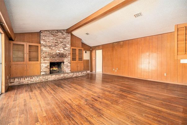 Empty room, Fireplace, Interior, Stone Walls, Wooden Beams, Wood Texture Flooring, Wooden Walls