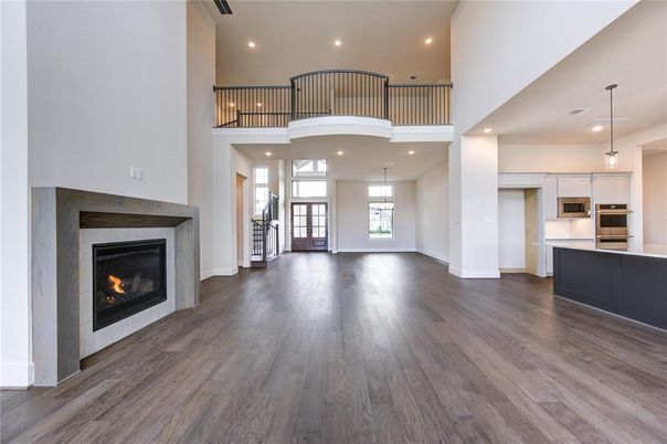 Fireplace, Interior, Kitchen, Pendant Lights, Recessed Lighting, Wood Texture Flooring