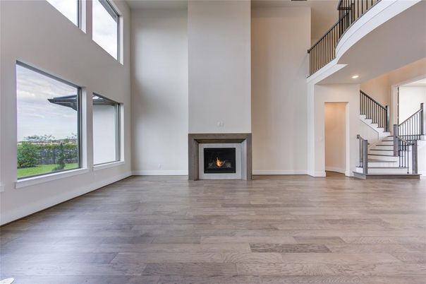 Fireplace, Interior, Recessed Lighting, Wood Texture Flooring