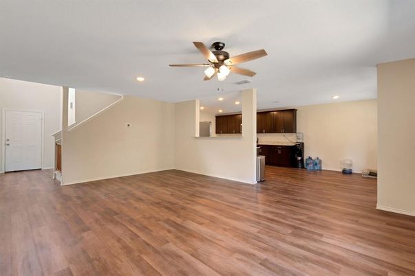 Empty room, Interior, Kitchen, Recessed Lighting, Wood Texture Flooring
