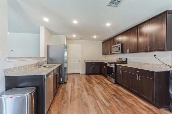 Interior, Kitchen, Recessed Lighting, Stainless Steel Appliances, Wood Texture Flooring