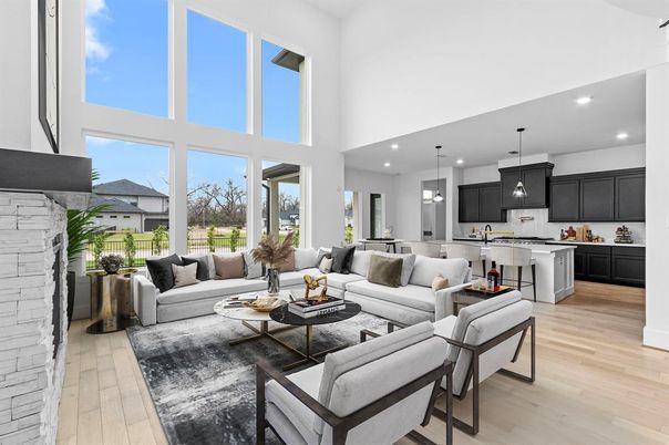 Interior, Kitchen, Living room, Pendant Lights, Recessed Lighting, Stone Walls, Wood Texture Flooring