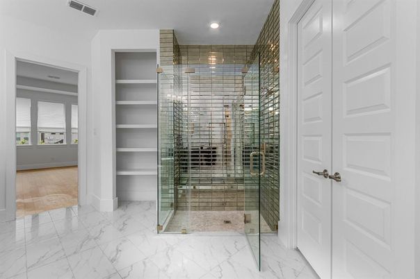 Bathroom, Glass Shower, Interior, Marble, Recessed Lighting, Wine Storage