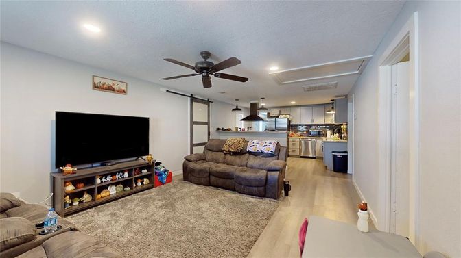 Interior, Kitchen, Living room, Pendant Lights, Recessed Lighting, Wood Texture Flooring