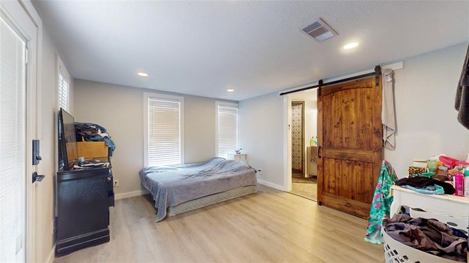 Bedroom, Interior, Recessed Lighting, Wood Texture Flooring