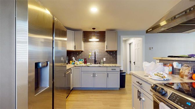 Interior, Kitchen, Pendant Lights, Recessed Lighting, Stainless Steel Appliances, Wood Texture Flooring