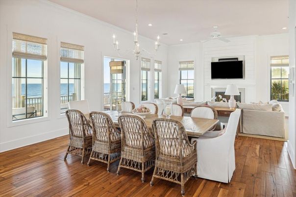 Chandelier, Dining room, Fireplace, Interior, Living room, Recessed Lighting, Water, Wood Texture Flooring