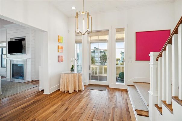 Fireplace, Interior, Pendant Lights, Recessed Lighting, Wood Texture Flooring