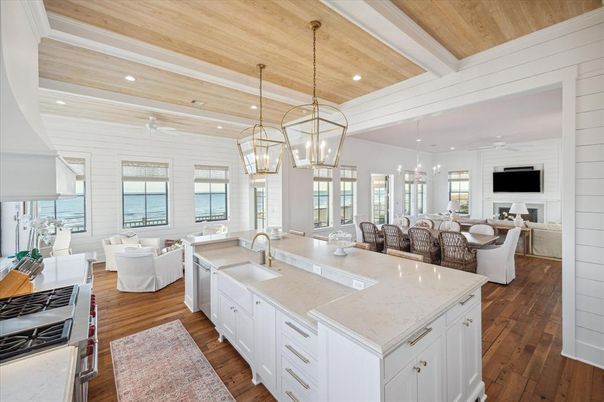 Dining room, Interior, Kitchen, Living room, Pendant Lights, Recessed Lighting, Water, Wooden Ceilings, Wood Texture Flooring