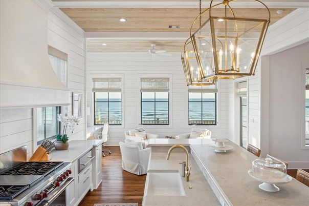 Interior, Kitchen, Living room, Pendant Lights, Recessed Lighting, Stainless Steel Appliances, Water, Wooden Ceilings, Wood Texture Flooring