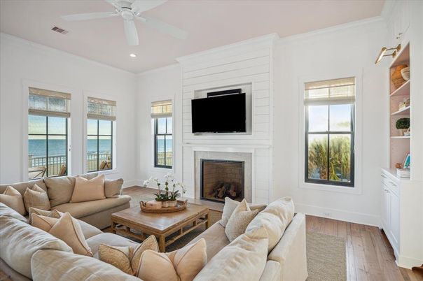 Fireplace, Interior, Living room, Recessed Lighting, Water, Wood Texture Flooring