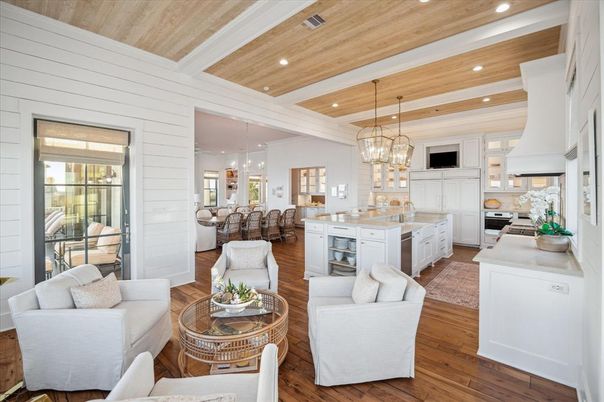 Chandelier, Dining room, Interior, Kitchen, Living room, Pendant Lights, Recessed Lighting, Wooden Ceilings, Wood Texture Flooring