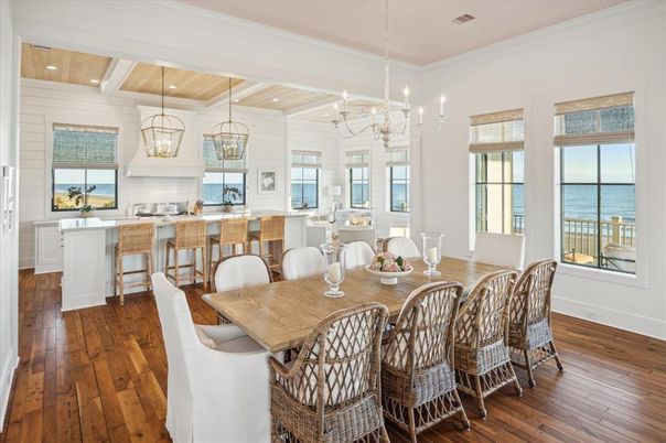 Chandelier, Dining room, Interior, Kitchen, Pendant Lights, Recessed Lighting, Water, Wooden Beams, Wooden Ceilings, Wood Texture Flooring