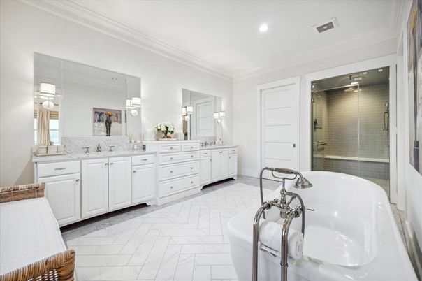 Bathroom, Dual Sink Vanities, Free Standing Baths, Glass Shower, Interior, Marble, Recessed Lighting