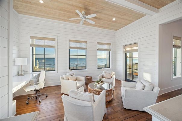 Home Office, Interior, Living room, Recessed Lighting, Water, Wooden Ceilings, Wood Texture Flooring