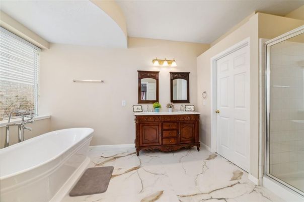 Bathroom, Dual Sink Vanities, Glass Shower, Interior, Marble