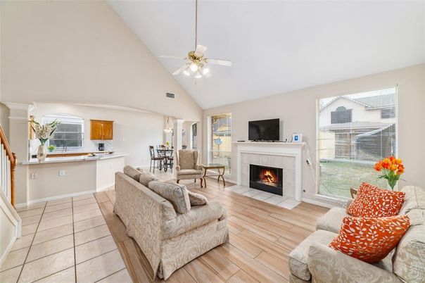 Dining room, Fireplace, Interior, Living room, Wood Texture Flooring