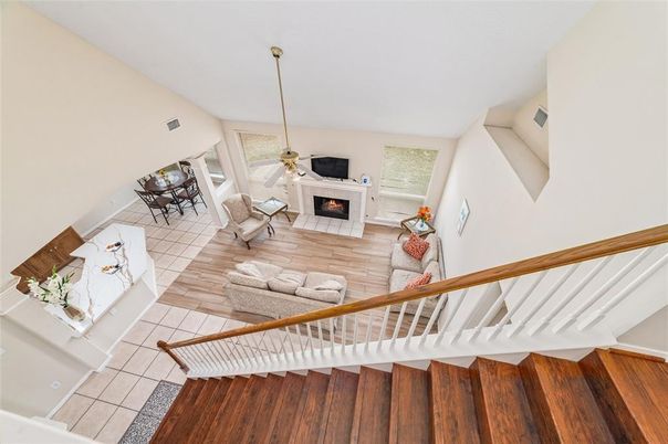 Fireplace, Interior, Living room, Pendant Lights, Wood Texture Flooring