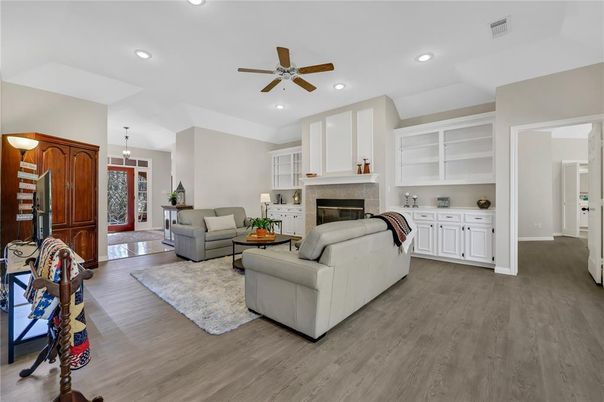 Fireplace, Interior, Living room, Pendant Lights, Recessed Lighting, Wood Texture Flooring