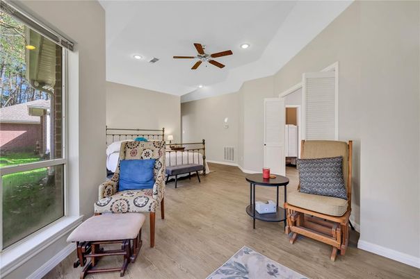 Bedroom, Interior, Recessed Lighting, Wood Texture Flooring