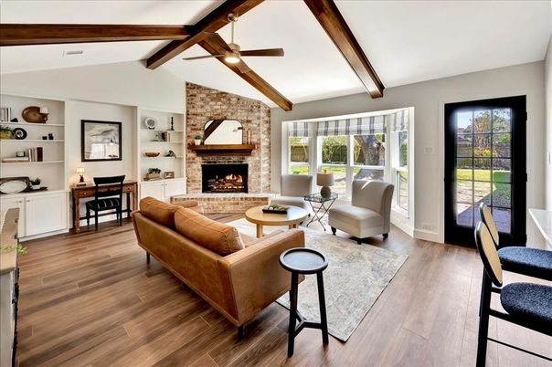 Fireplace, Interior, Living room, Stone Walls, Wooden Beams, Wood Texture Flooring
