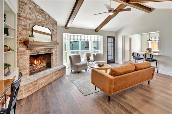 Dining room, Fireplace, Interior, Living room, Pendant Lights, Stone Walls, Wooden Beams, Wood Texture Flooring